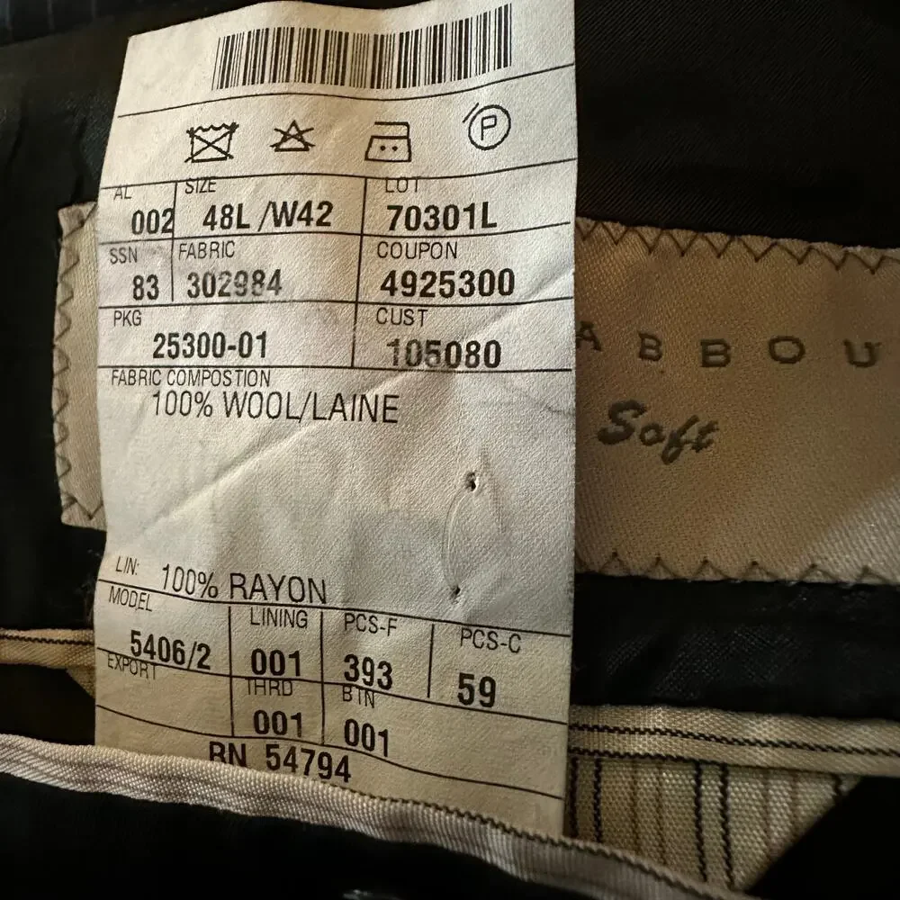 Joseph Abboud 100% Wool American Soft Suit Jacket, Black Pinstripe, Size 48 Long